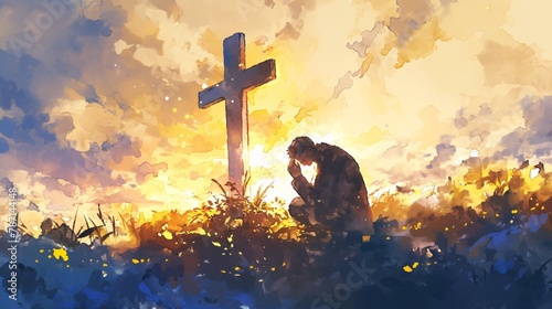 Man praying on the cross in the field. Digital watercolor painting photo