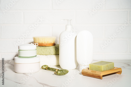 Natural cosmetic products, beauty product in the bathroom on white background.