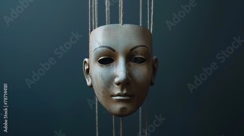 Human head with a marionette inside it. Concept of mind control. Image.