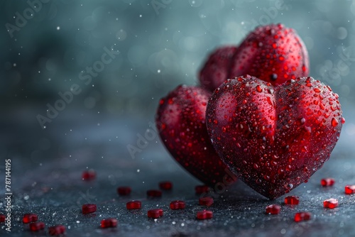 A dynamic arrangement of red hearts with glistening water droplets