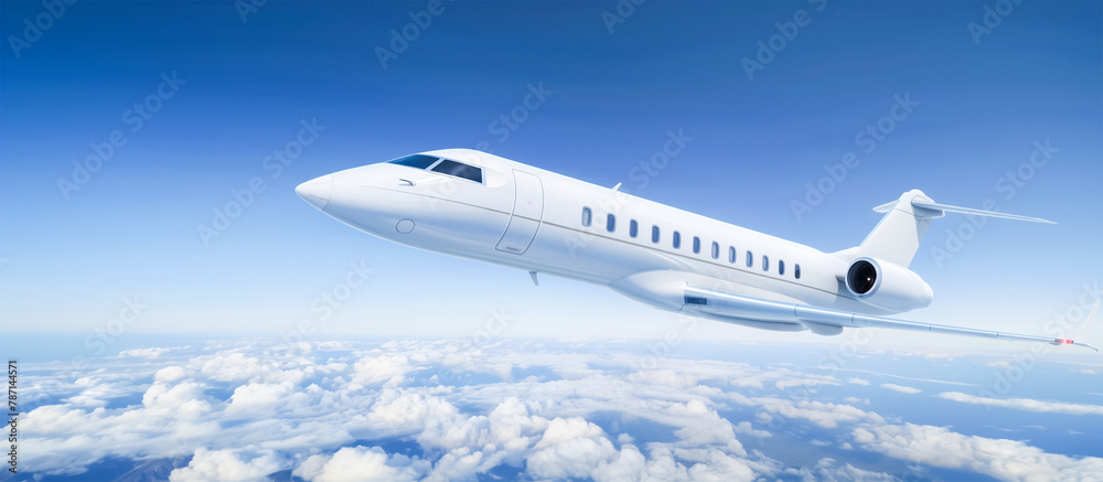 White private jet soaring above clouds, epitomizing luxury travel. Sleek design against a bright blue sky. 