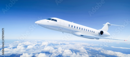 White private jet soaring above clouds, epitomizing luxury travel. Sleek design against a bright blue sky. 