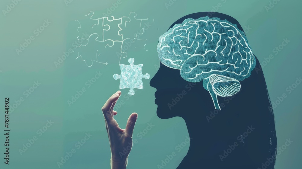 Puzzle of human brain inside silhouette of woman's head with missing ...
