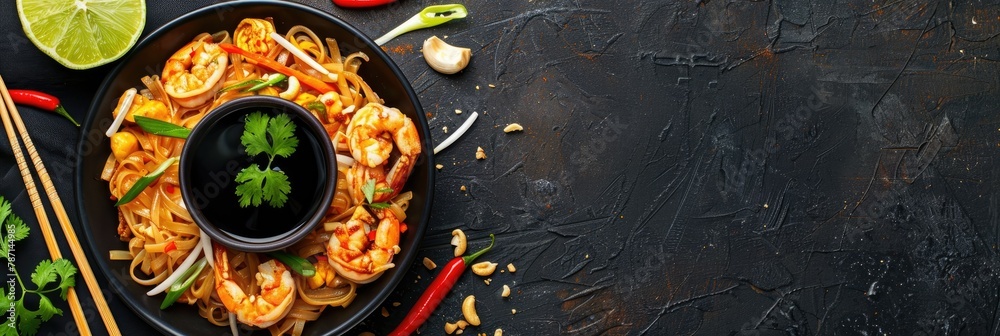 Appetizing Pad Thai Noodle Dish with Shrimp,Vegetables and Garnishes on Dark Wooden Backdrop