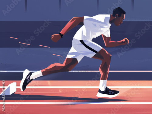 Illustration of a male sprinter at the starting blocks on a track, mid-run with intense focus.