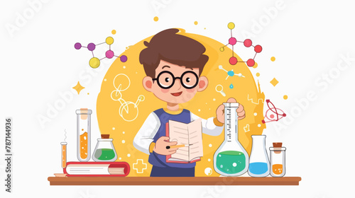 Boy student studying chemistry on a yellow background