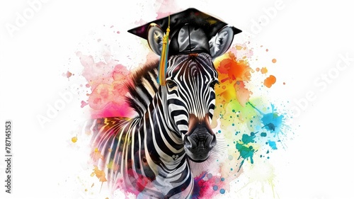 Cheerful Zebra Foal in Graduation Cap with Colorful Striped