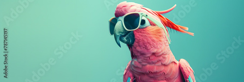 a pink parrot wearing sunglasses at the edge of a turquoise background, in the style of photobash, advertising art, innovative, animals and people, wimmelbilder, grid photo