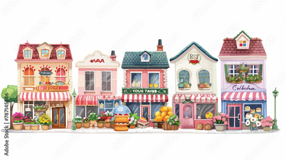 Market street. Bakery flower and farm shops. Colored
