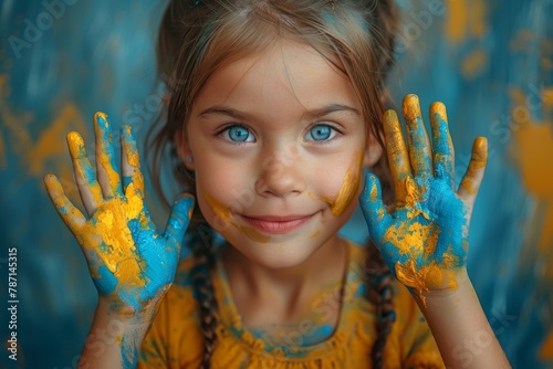 A cheerful young girl with blue eyes showing her hands painted with yellow and blue, with paint on her face against a blue backdrop