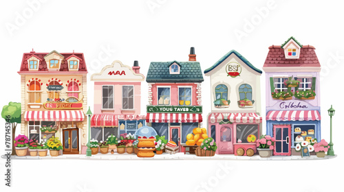Market street. Bakery flower and farm shops. Colored