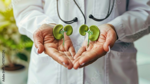 The concept of a healthy kidney is illustrated above two hands of a doctor with green kidneys.