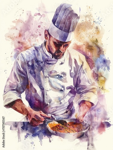 Energetic Watercolor Portrait of a Passionate and Skilled Chef Preparing a Culinary Masterpiece