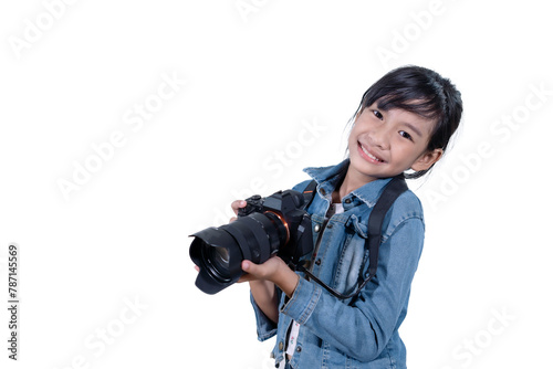 Image of Asian child photographer is taking images photo with  camera isolated on white background.