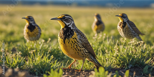 Western Meadowlarks Rest on a Lush Green Field. A group of Western meadowlarks with yellow chests and black stripes stand on a vibrant green field under a clear blue sky. photo
