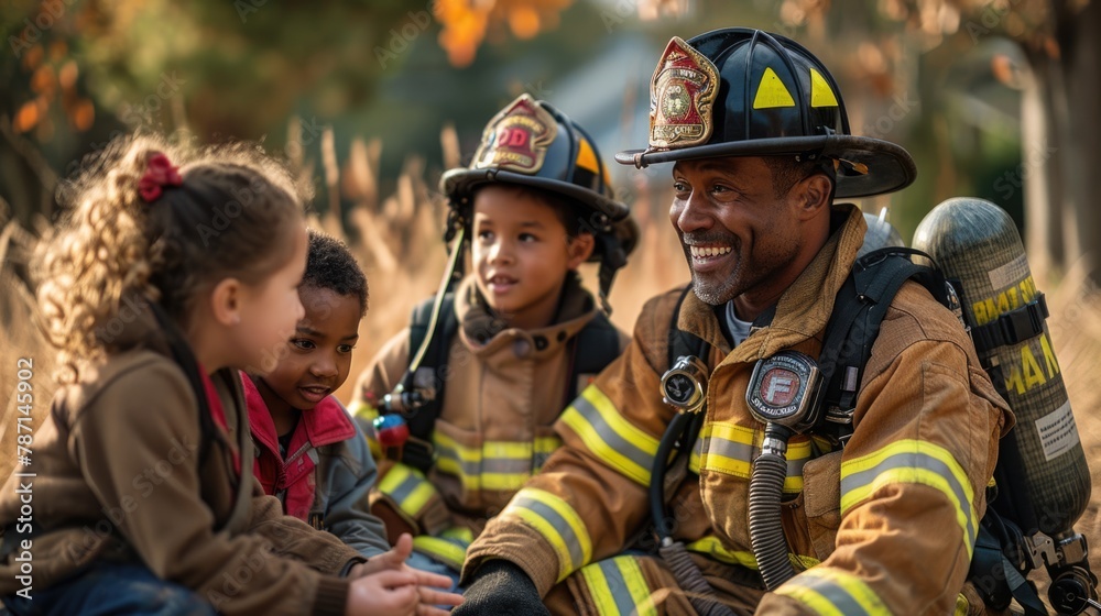 Smiling firefighter interacting with children during educational. International Firefighters' Day Smiling firefighter interacting with children during educational. International Firefighters' Day