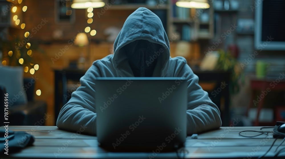 In a hoodie, a person hacks computer networks.