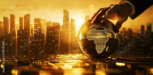 World business moving. Business man hand spin golden digital global ball economy with capital city background. business tranformation, investment and financial concept.
