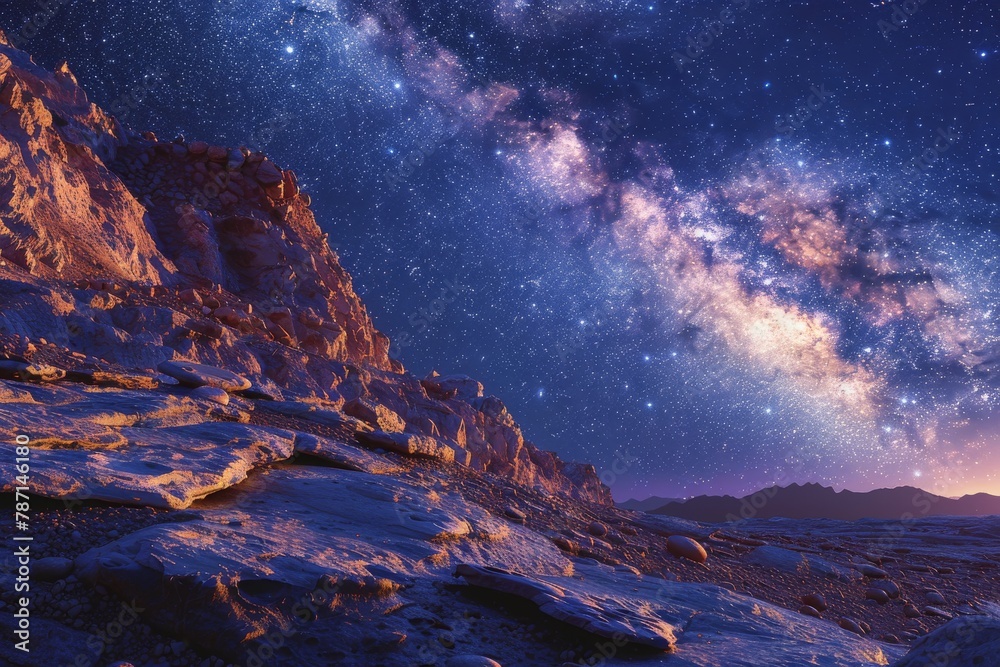 Majestic image of a star-filled night sky casting its brilliance over a serene desert landscape