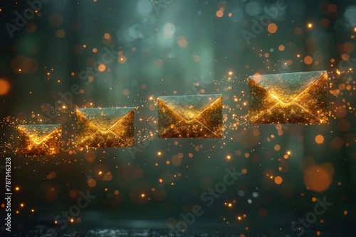 This enchanting image shows ethereal golden emails levitating amidst a dark, bokeh-filled backdrop, giving a sense of magical digital communication photo