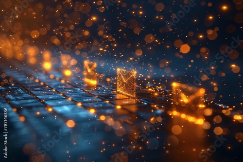 Mesmerizing blue sparkles surround glowing envelopes on a computer keyboard, symbolizing advanced electronic communication photo