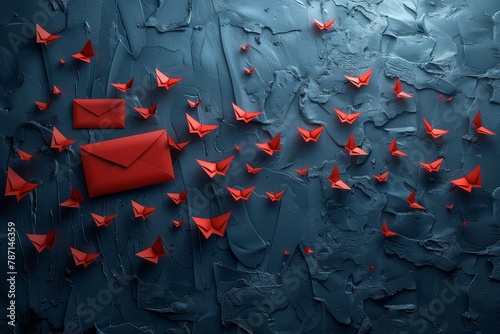 A vibrant contrast of red paper planes and envelopes against a rough blue wall texture, depicting communication hurdles photo
