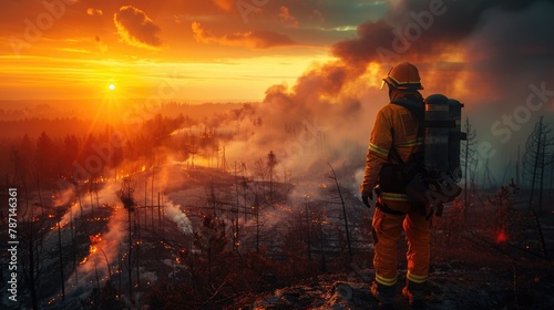 Firefighter observing wildfire at sunset. International Firefighters' Day