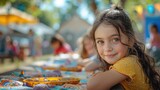 Smiling girl at a children's festival with craft activities. International Children's Day
