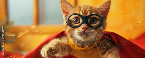 A valiant kitty in superhero attire takes flight, copy space.  photo
