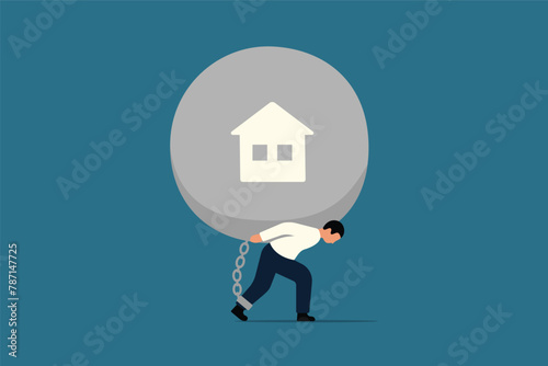 Mortgage Debt or Home Loan Concept. Businessman Carrying His House. Businessman Carrying Iron Ball Symbolizing Home Debt. Vector Illustration.
