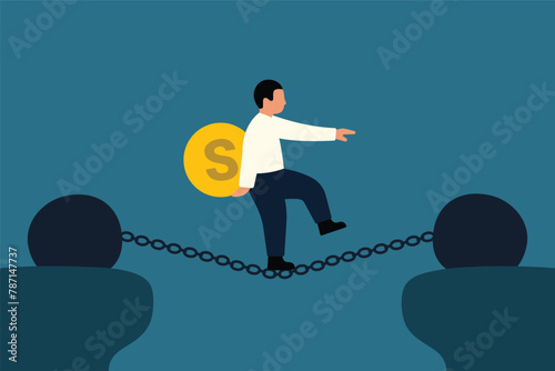 Financial Risk. Debt, Loan Payment, or Mortgage Issue. A businessman attempting to carry a large dollar coin over a cliff. Vector Illustration