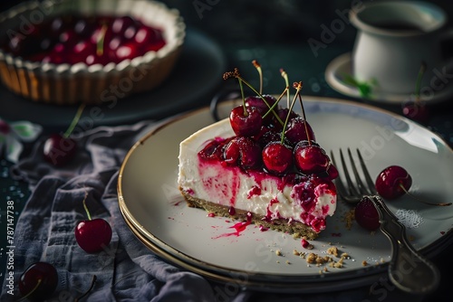 slice of cherry cheesecake with cherries on top
