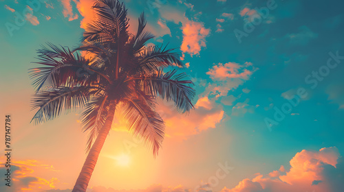 Copy space of silhouette tropical palm tree with sun light on sunset sky and cloud abstract background Summer vacation and nature travel adventure concept Vintage tone filter effect co : Generative AI © Generative AI