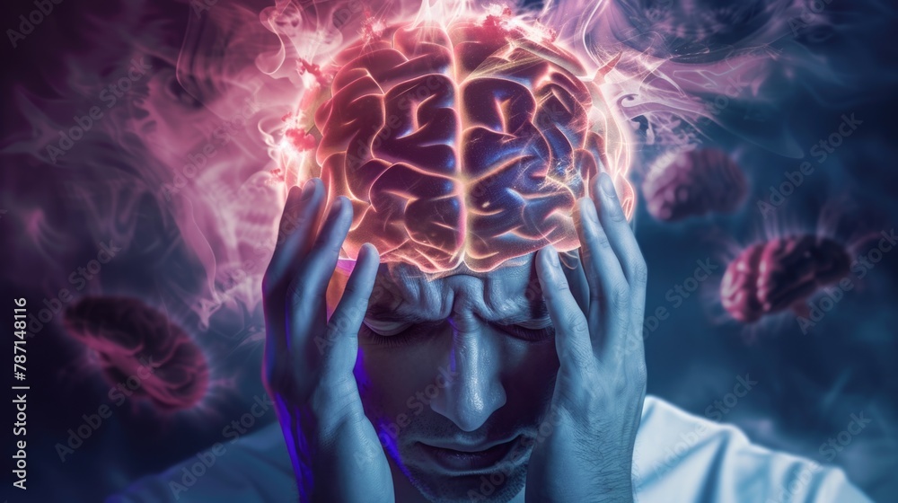 Fototapeta premium Man experiencing headache with visible glowing brain. National Mental Health Awareness
