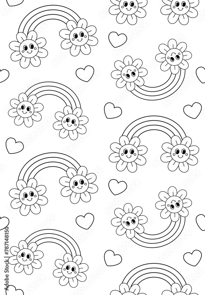 Vector seamless pattern of groovy cartoon retro rainbow with flowers isolated on white background