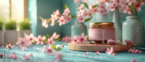 Jar pink lotion on a wooden tray  pink blossom flowers  blurred window background
