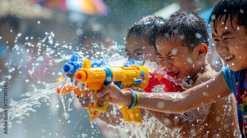 A young boy is playing with a water gun in a pool