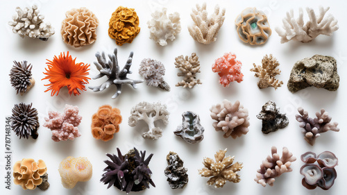 Various colorful coral specimens displayed on a white background, showcasing marine biodiversity.