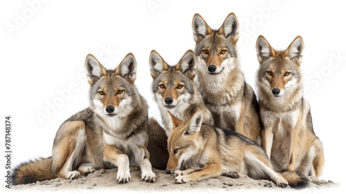 Five wolves posed on sand  two sitting  two standing  one lying down  all looking forward.