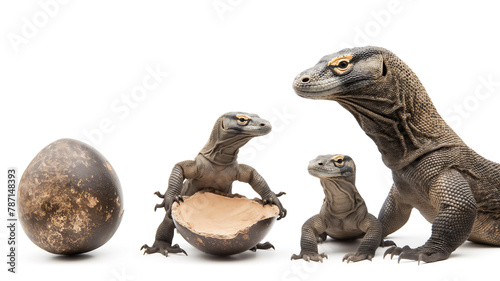 Two young velociraptors with a hatched egg and an adult on white background. © Ritthichai