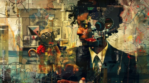 A puppeteer and his puppet, art collage.