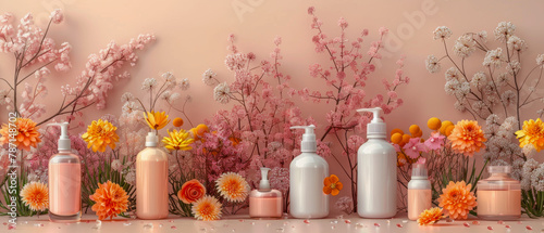 Row of white and orange mock up bottles with flowers in the background