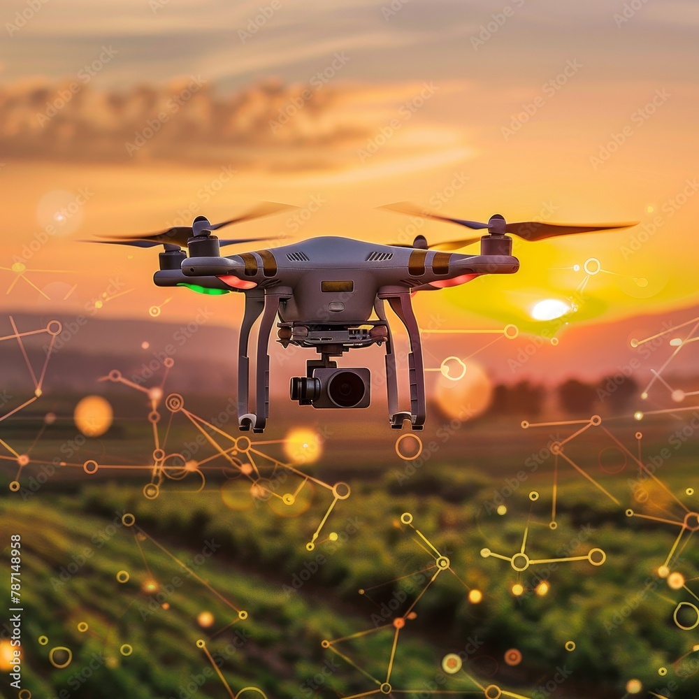 A drone is flying over a field of crops