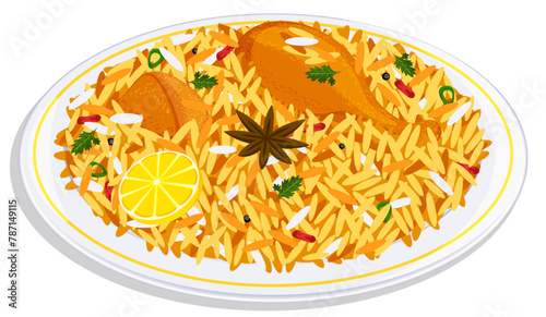 Chicken Biryani Plate - Asian Cuisine Vector Illustration 