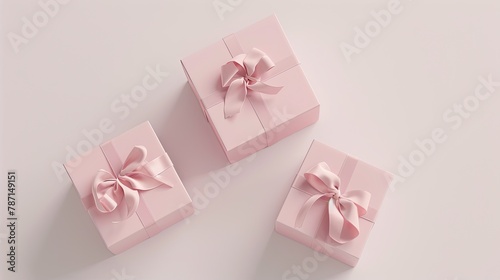 Christmas pink flat lay. Holiday boxes, fir branches on white background. © Kanzul