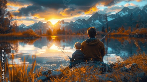 Adult and child enjoying sunset by the lake with fishing rod. Global Day of Parents