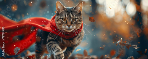 An adventurous tabby cat leaps as a superhero, copy space. 