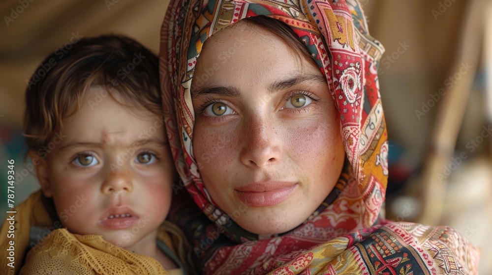 Mother and child with traditional headscarves. World Refugee Day - obrazy, fototapety, plakaty 