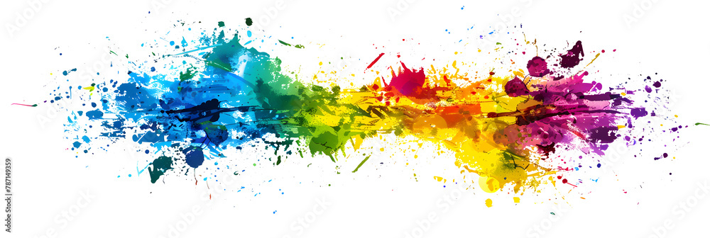 A mesmerizing display of abstract paint splatters in rainbow hues on a white background.