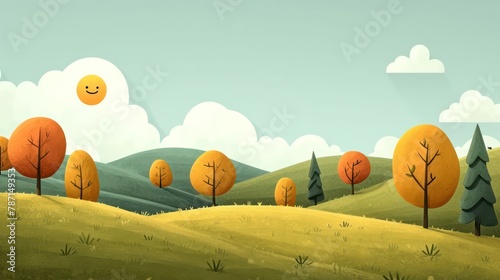 Cartooncore portrayal of a tranquil countryside scene, featuring rolling hills, cartoonish trees, and smiling sun photo